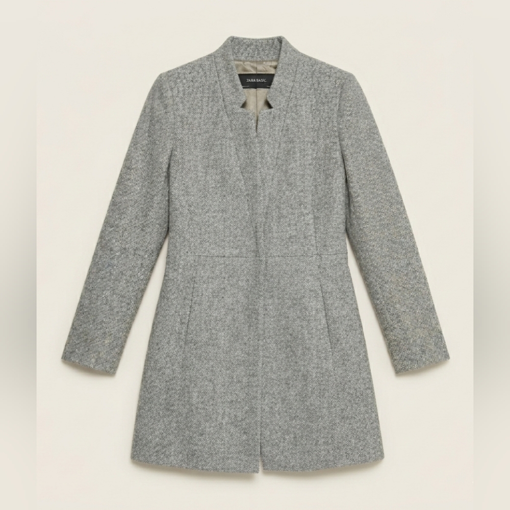 ZARA Grey Wool Inverted Lapel Collar Frock Long Blazer Coat - Size XS